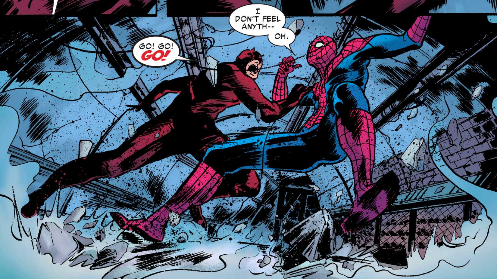 Daredevil pulls Spider-Man away inside a sewer in The Devil and the Details
