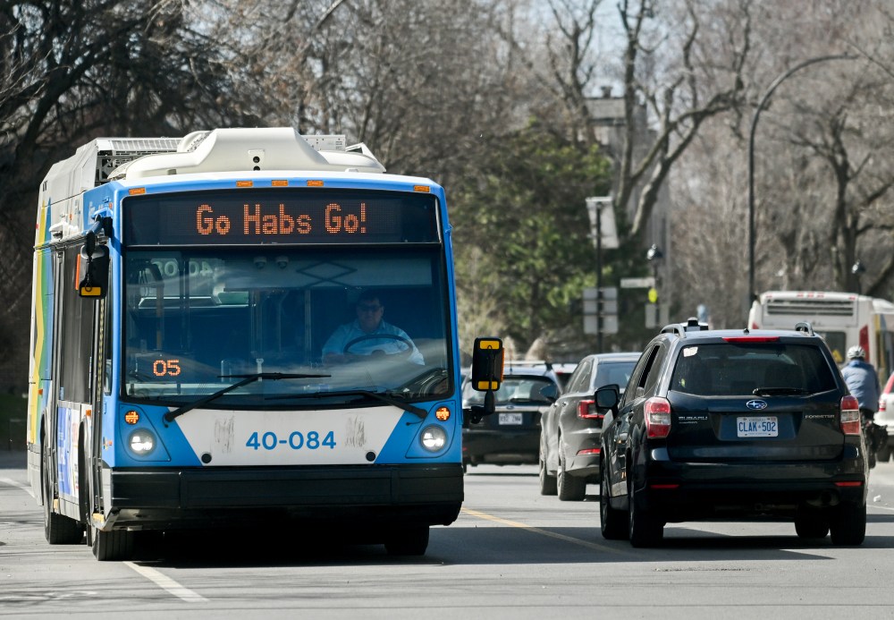 A 'Go Habs Go' slogan is shown on a Montreal city bus in Montreal on Thursday, April 23, 2026. THE CANADIAN PRESS/Graham Hughes
