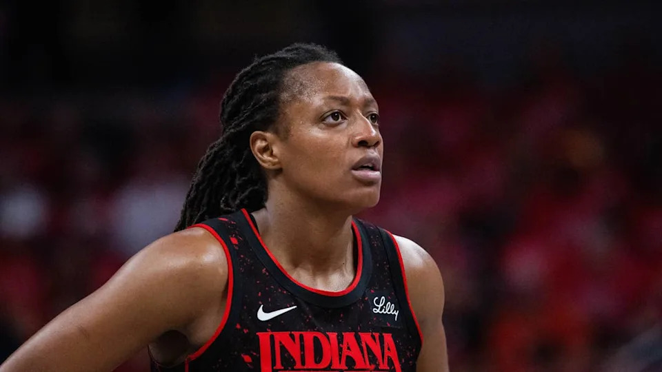Indiana Fever guard Kelsey Mitchell during Game 4 against the <a class="link " href="https://sports.yahoo.com/wnba/teams/las-vegas/" data-i13n="sec:content-canvas;subsec:anchor_text;elm:context_link" data-ylk="slk:Las Vegas;sec:content-canvas;subsec:anchor_text;elm:context_link;itc:0" data-yga="{"yLinkElement":"context_link","yModuleName":"content-canvas","yLinkText":"Las Vegas","ySubModuleName":"anchor_text","yHasCommerce":false}">Las Vegas</a> Aces.Trevor Ruszkowski-Imagn Images