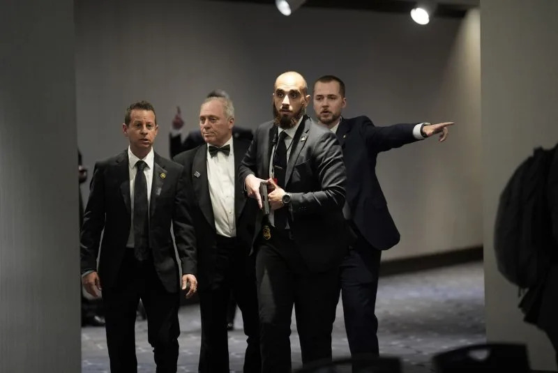 House Majority Leader Steve Scalise, R-La., and Rep. Jared Moskowitz, D-Fla., are evacuated from the Washington Hilton after shots were heard during the White House Correspondents' Dinner in Washington, D.C., on Saturday night. Photo by Yuri Gripas/UPI