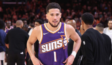 Devin Booker #1 of the Phoenix Suns has been fined by the NBA for criticizing referees....