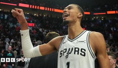 Victor Wembanyama celebrates after the San Antonio Spurs win game four of their NBA play-off series against the Portland Trail Blazers in April 2026