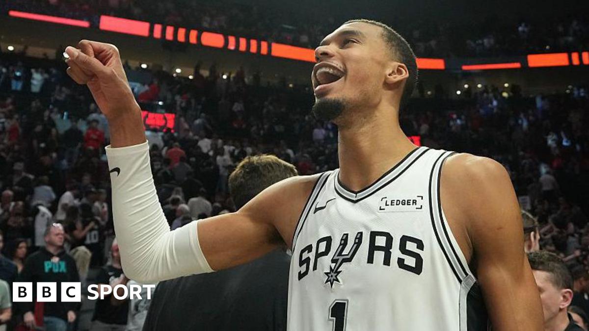 Victor Wembanyama celebrates after the San Antonio Spurs win game four of their NBA play-off series against the Portland Trail Blazers in April 2026