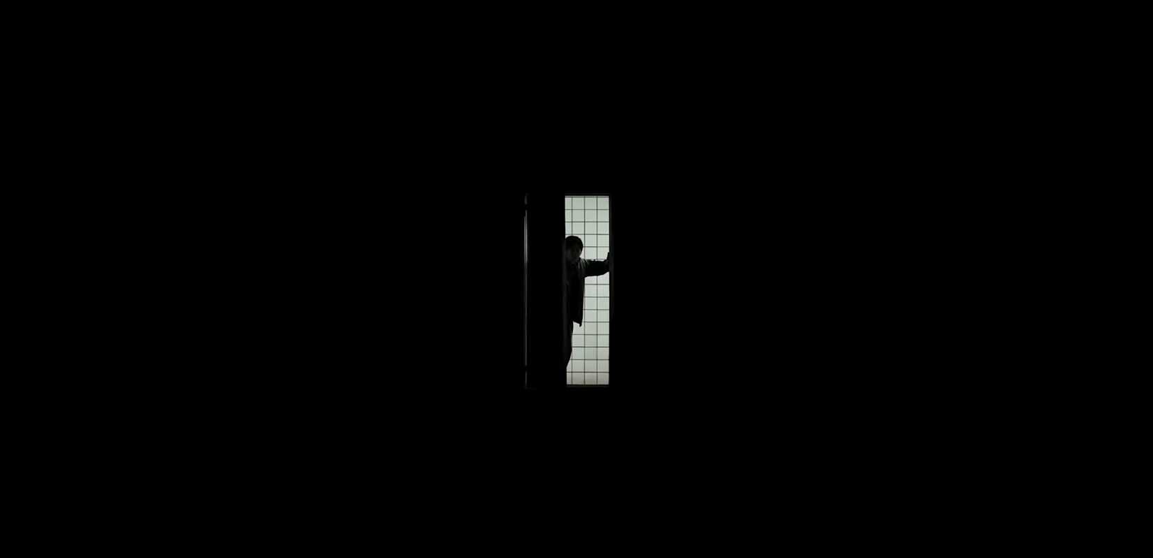 A man silhouetted as he peers through in a distant, tiny doorway into a gigantic empty darkness in Exit 8