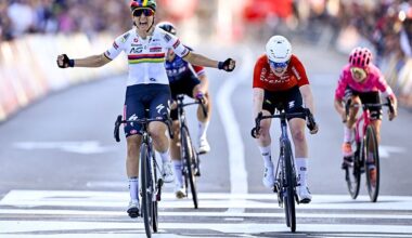 Mauritius' AG Soudal Team's Kim Le Court (L) celebrates after winning the women elite race of the Liege-Bastogne-Liege one day cycling event, 152,9km from Bastogne to Liege, on April 27, 2025. (Photo by ERIC LALMAND / Belga / AFP) / Belgium OUT