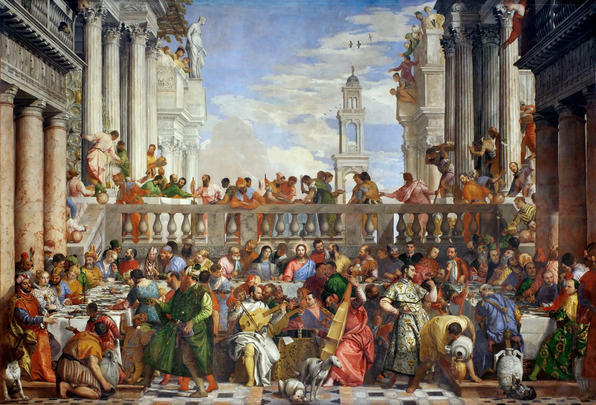 Illustration of The Wedding at Cana by Paolo Veronese, showing many people at a wedding feast, with Jesus centrally placed at a table.
