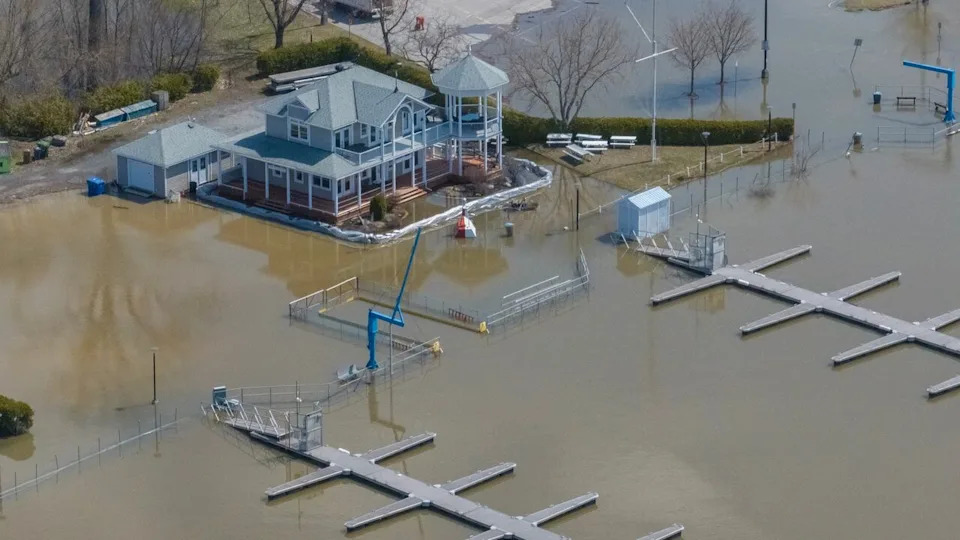 The flooded Ottawa River is seen near the Aylmer Marina in Gatineau, Que., on April 23, 2026.