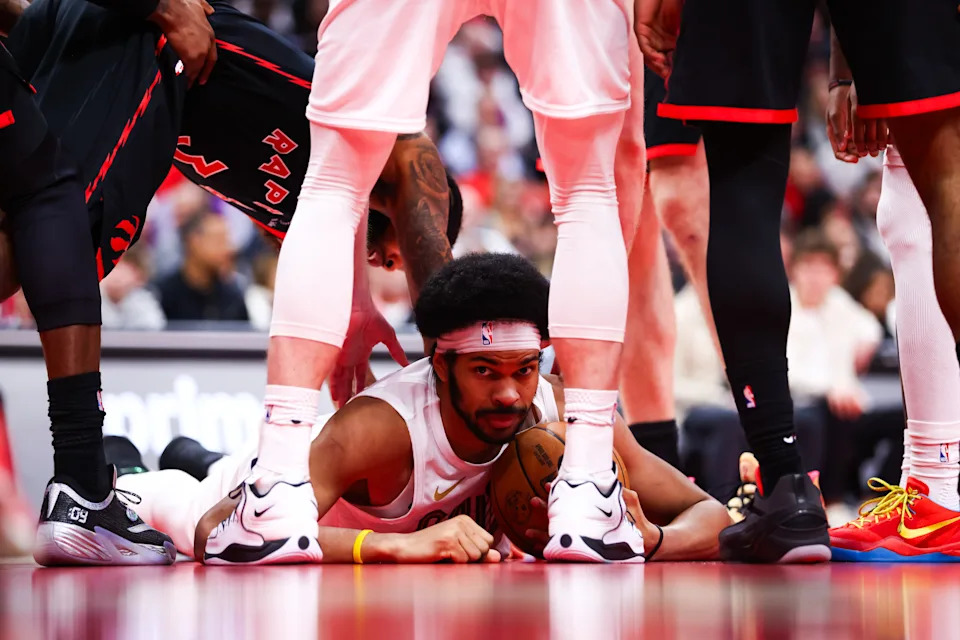 TORONTO, CANADA - APRIL 23: Jarrett Allen #31 of the Cleveland Cavaliers lies on the court in first half of Game Three of the Eastern Conference First Round NBA Playoffs against the Toronto Raptors at Scotiabank Arena on April 23, 2026 in Toronto, Ontario, Canada. NOTE TO USER: User expressly acknowledges and agrees that, by downloading and or using this photograph, User is consenting to the terms and conditions of the Getty Images License Agreement. (Photo by Cole Burston/Getty Images)