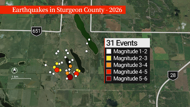 The Alberta Energy Regulator’s website lists more than 30 earthquake events in the past month.