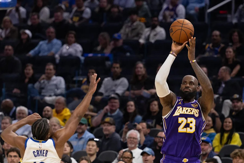 Lakers star LeBron James shoots during a win over the Golden State Warriors on Thursday.