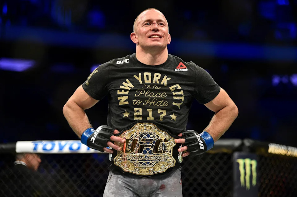 NEW YORK, NY - NOVEMBER 04:  Georges St-Pierre of Canada celebrates after defeating Michael Bisping of England in their UFC middleweight championship bout during the UFC 217 event inside Madison Square Garden on November 4, 2017 in New York City. (Photo by Jeff Bottari/Zuffa LLC/Zuffa LLC via Getty Images)