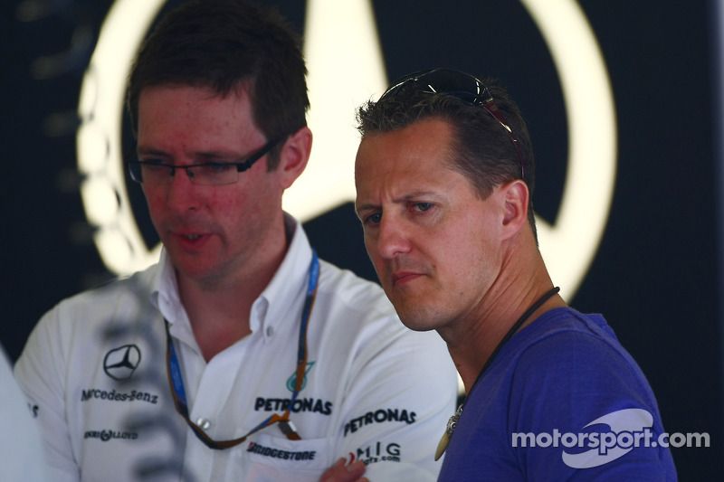 Andrew Shovlin, Mercedes GP, Senior Race Engineer to Michael Schumacher with Michael Schumacher, Mercedes GP