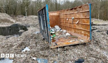 The photo shows four astronauts from NASA’s Artemis II Moon mission standing in a busy indoor sports arena, wearing bright blue flight jackets with mission patches and logos. They are in the foreground, smiling and cheering, with one woman in the centre clasping her hands and two of the men raising their fists in the air in celebration. The crowd behind them is slightly out of focus but fills the stands, suggesting a major sporting event. The lighting is bright and even, and the mood is joyful, energetic and triumphant.