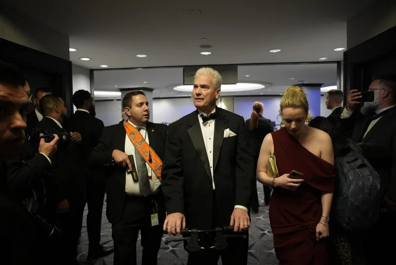 House Majority Whip Tom Emmer, R-Minn., is evacuated from the Washington Hilton after shots were heard during the White House Correspondents' Dinner in Washington, D.C., on Saturday night. Photo by Yuri Gripas/UPI