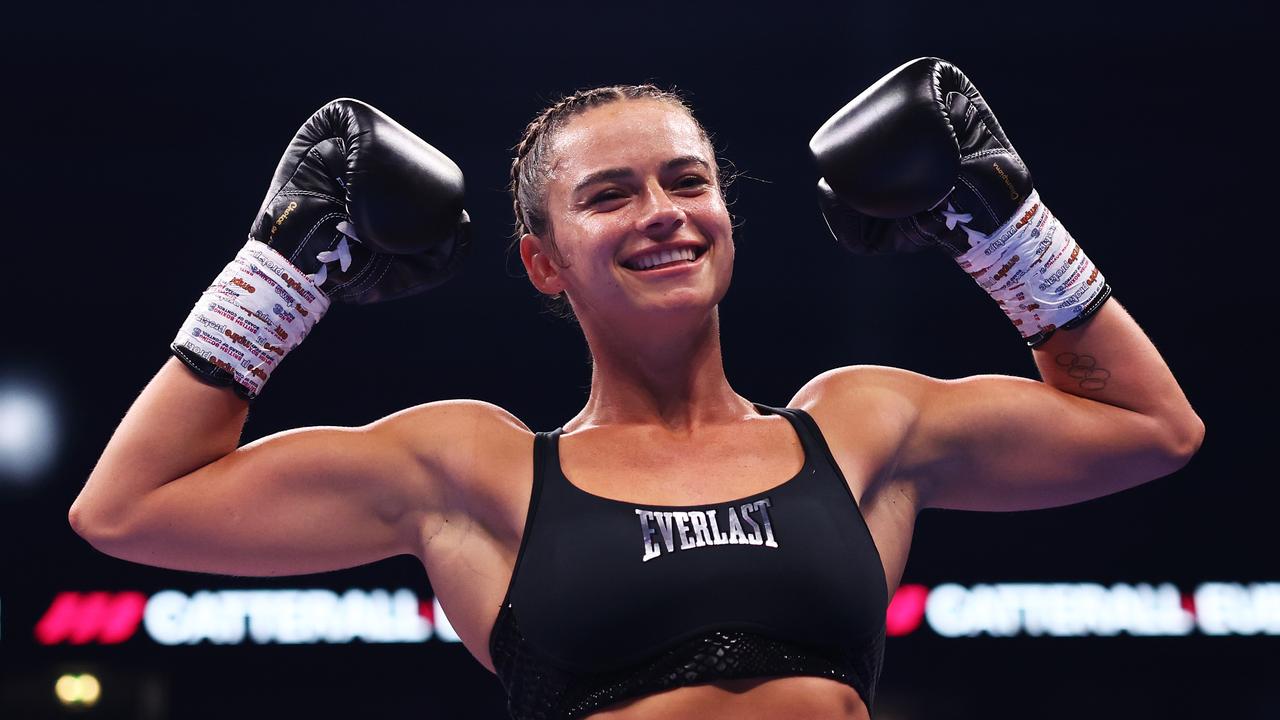 MANCHESTER, ENGLAND - JULY 05: Skye Nicolson poses for a photo following her victory over Carla Camila Campos Gonzales in their Super Bantamweight fight on 'The Warrior Code' fight card at AO Arena on July 05, 2025 in Manchester, England. (Photo by Alex Livesey/Getty Images)