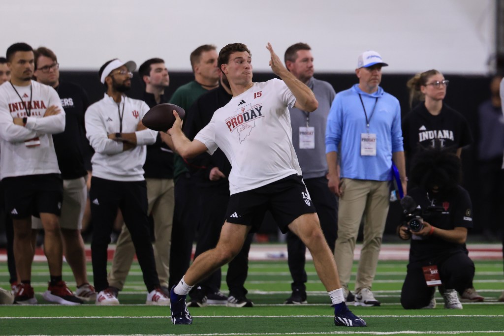 Fernando Mendoza #15 of the Indiana Hoosiers throwing a pass during the 2026 IU Pro Day.