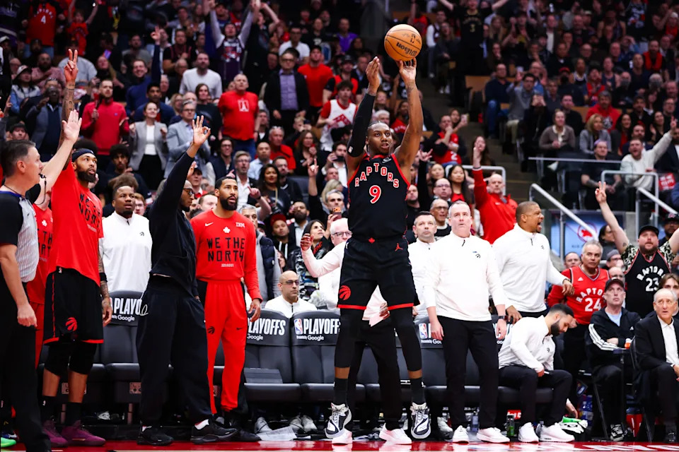 TORONTO, CANADA - APRIL 23: RJ Barrett #9 of the Toronto Raptors puts up a shot against the Cleveland Cavaliers during the second half of Game Three of the Eastern Conference First Round NBA Playoffs at Scotiabank Arena on April 23, 2026 in Toronto, Ontario, Canada. NOTE TO USER: User expressly acknowledges and agrees that, by downloading and or using this photograph, User is consenting to the terms and conditions of the Getty Images License Agreement. (Photo by Cole Burston/Getty Images)
