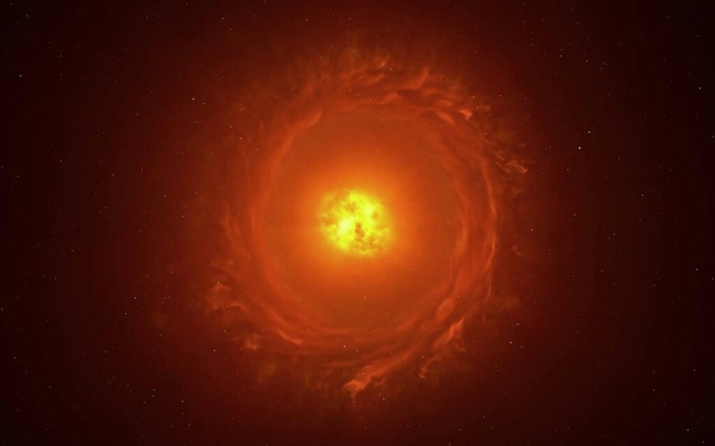 Bright solar core with fiery plasma and solar flares in space.