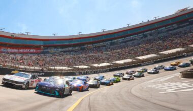 Ryan Blaney, driver of the #12 Discount Tire Ford, and Tyler Reddick, driver of the #45 Comparion Insurance Toyota, lead the field on a pace lap prior to the NASCAR Cup Series Food City 500 at Bristol Motor Speedway on April 12, 2026 in Bristol, Tennessee. (Photo by Chris Graythen/Getty Images)