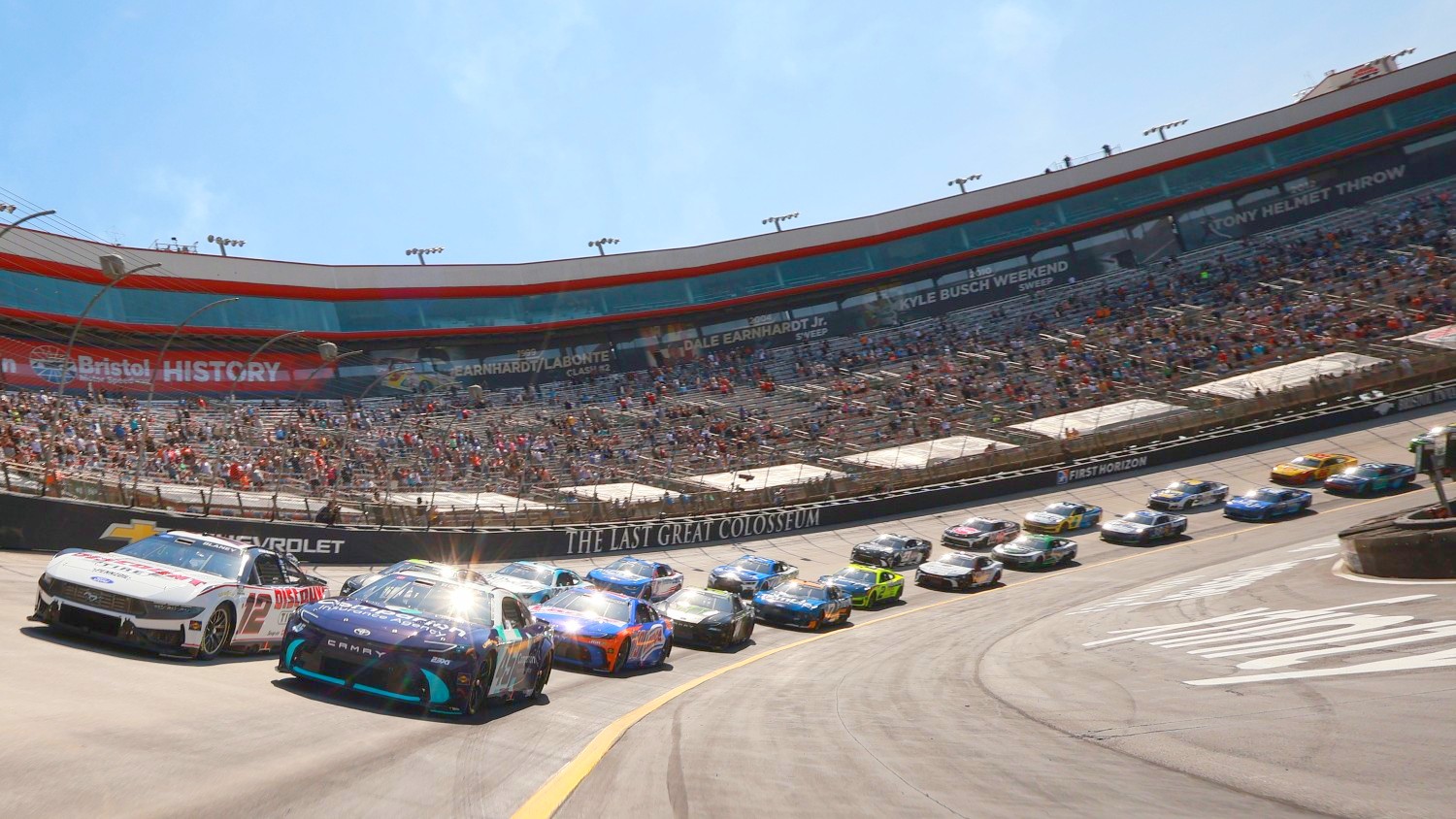 Ryan Blaney, driver of the #12 Discount Tire Ford, and Tyler Reddick, driver of the #45 Comparion Insurance Toyota, lead the field on a pace lap prior to the NASCAR Cup Series Food City 500 at Bristol Motor Speedway on April 12, 2026 in Bristol, Tennessee. (Photo by Chris Graythen/Getty Images)