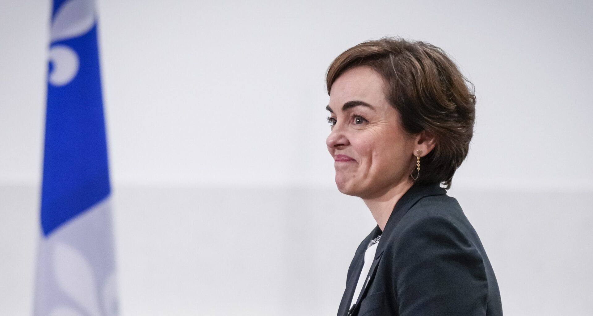 Quebec's Premier Christine Frechette looks on during a swearing in ceremony at the National Assembly in Quebec City, Wednesday, April 15, 2026.