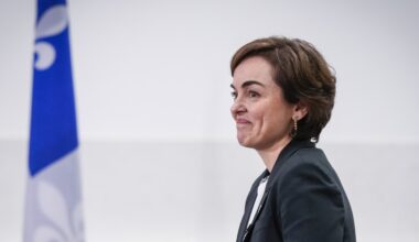 Quebec's Premier Christine Frechette looks on during a swearing in ceremony at the National Assembly in Quebec City, Wednesday, April 15, 2026.