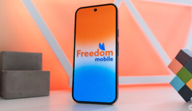 Freedom Mobile logo on a smartphone.