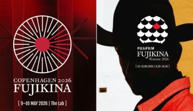 Split image: Left side shows a red, white, and black circular logo for FUJIKINA Copenhagen 2026. Right side has a person in a cowboy hat, partially visible, with the FUJIKINA Warsaw 2026 logo above text.