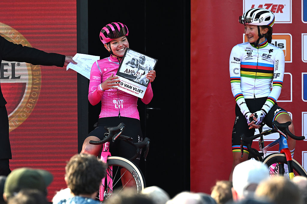 Noemi Ruegg of Switzerland and Magdeleine Vallieres of EF Education-Oatly prior to the 12th Amstel Gold Race Ladies Edition 2026. (Photo by Luc Claessen/Getty Images)