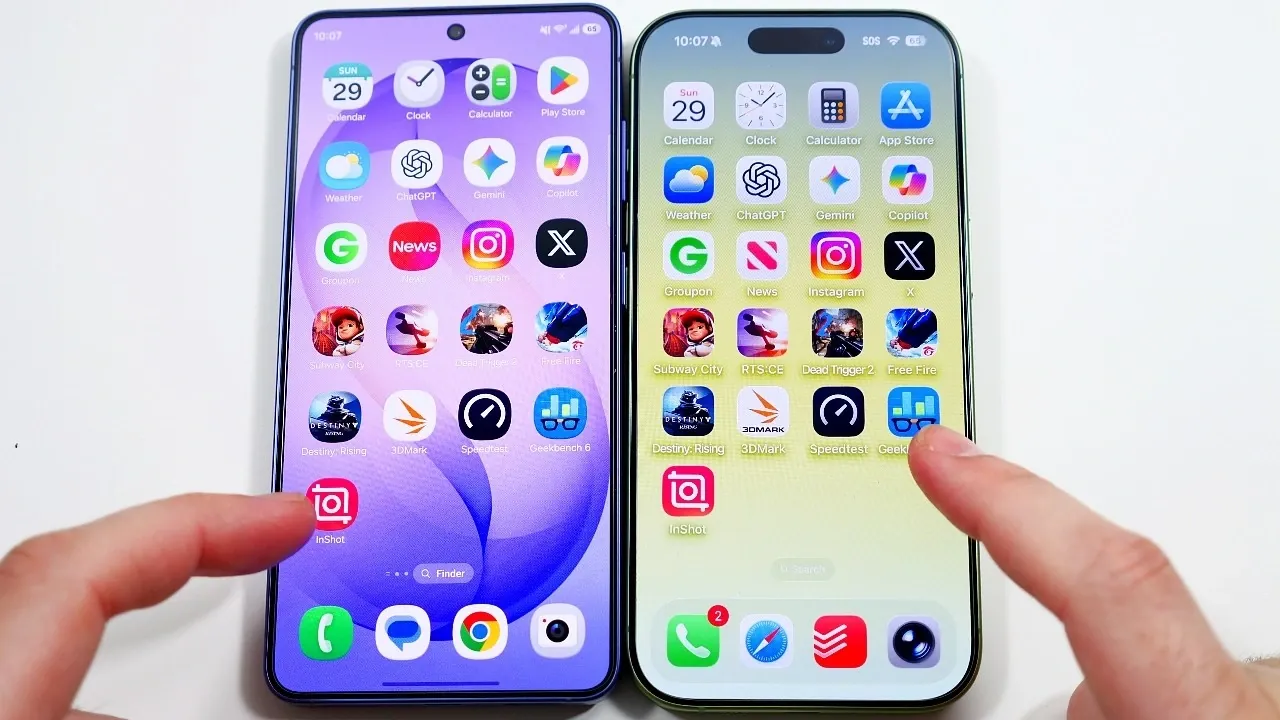 Camera app launch comparison showing iPhone 17 opening faster, while Galaxy S26 shows sharper live preview detail.
