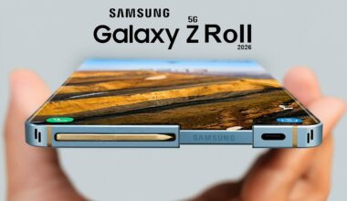 Render of Samsung Galaxy Z Roll 5G expanding into a larger screen, showing the rollable panel mechanism.