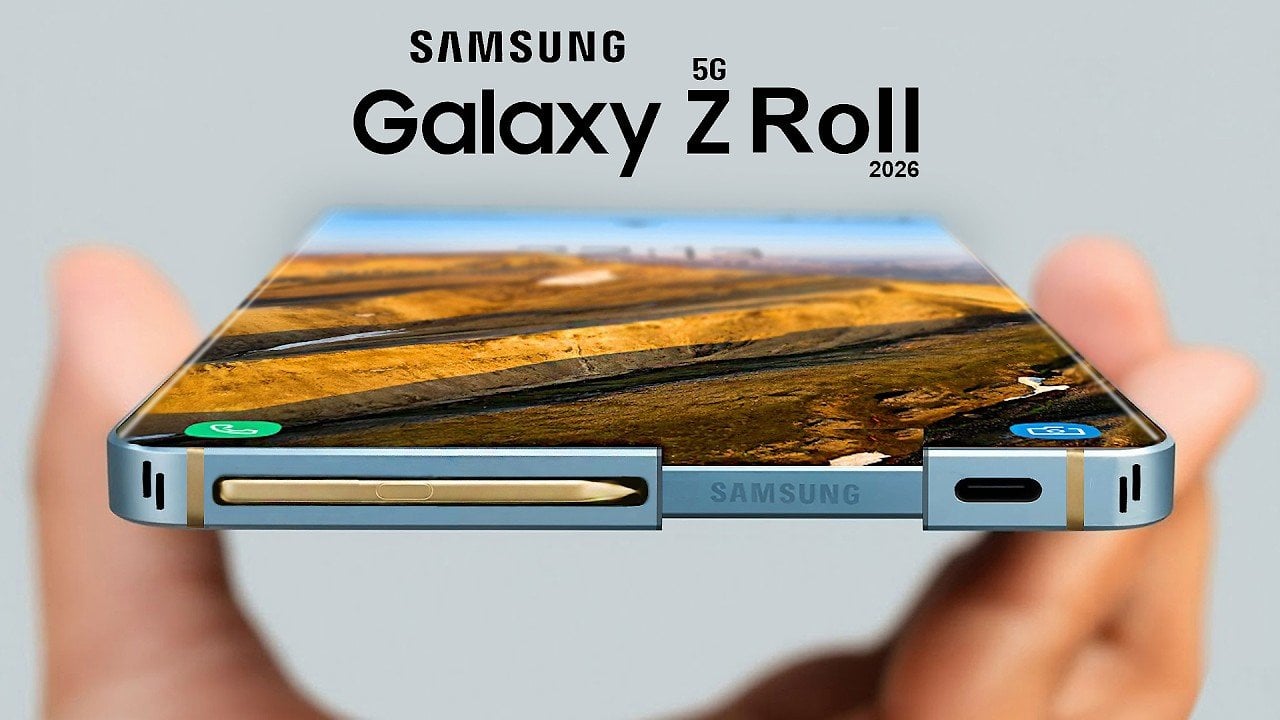 Render of Samsung Galaxy Z Roll 5G expanding into a larger screen, showing the rollable panel mechanism.