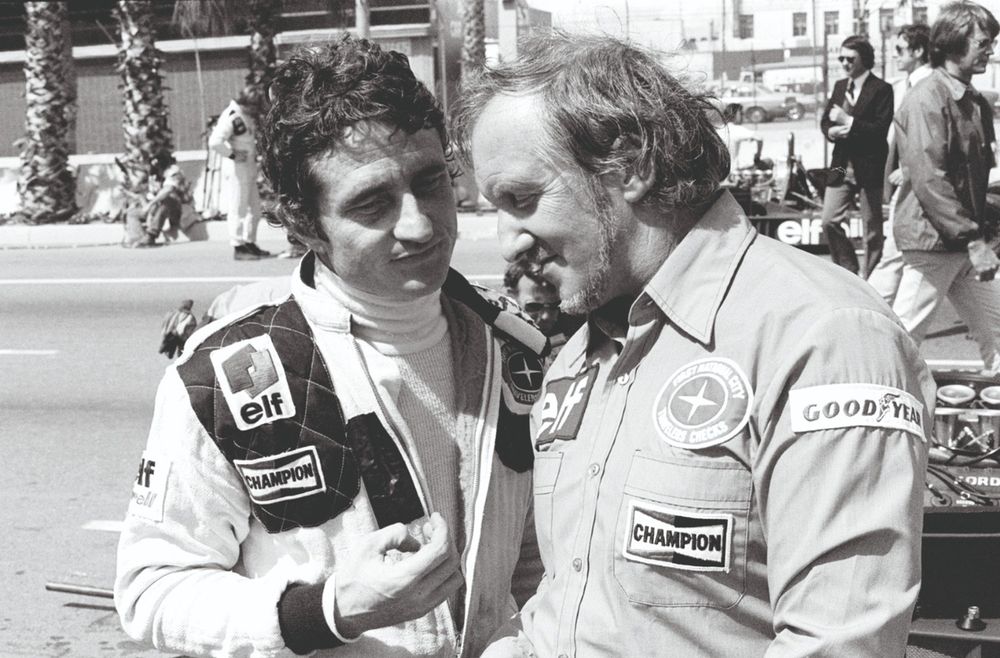 Designer Phillippe, here with Depailler at Long Beach in ’78, didn’t shy from being hands-on 