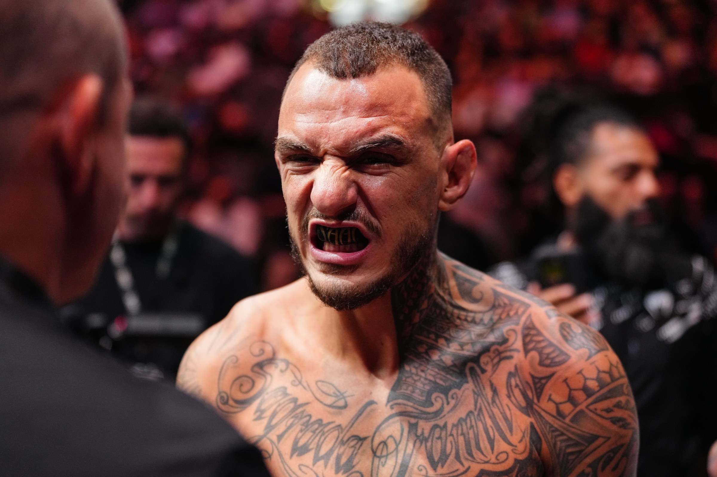 LAS VEGAS, NEVADA - JUNE 28: Renato Moicano of Brazil enters the Octagon in a lightweight bout during the UFC 317 event at T-Mobile Arena on June 28, 2025 in Las Vegas, Nevada. (Photo by Jeff Bottari/Zuffa LLC)