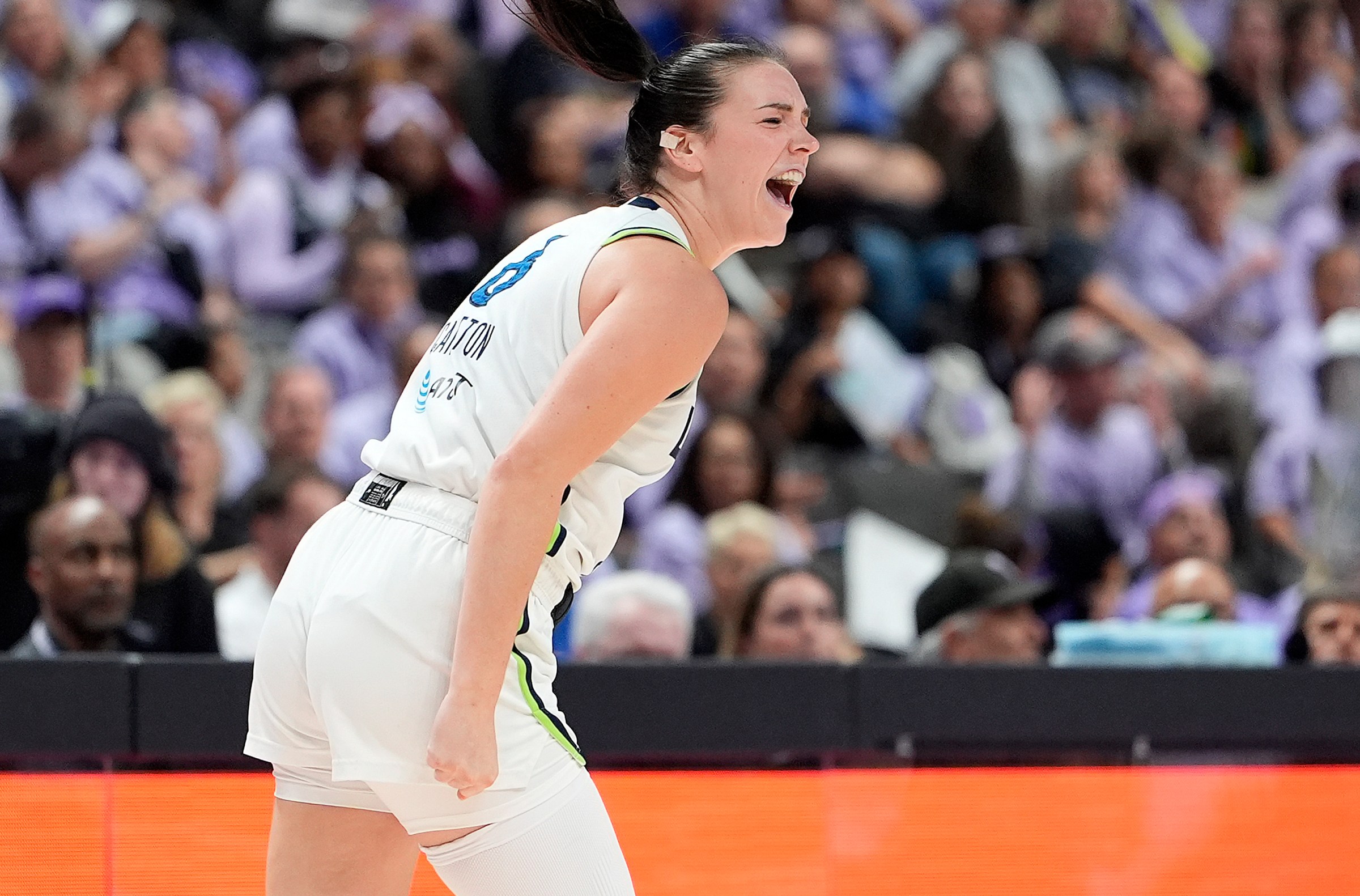 SAN JOSE, CALIFORNIA - SEPTEMBER 17: Bridget Carleton #6 of the Minnesota Lynx reacts after making a three-point shot against the Golden State Valkyries during the second half in the first round of Game Two of WNBA Playoffs at Sap Center on September 17, 2025 in San Jose, California. NOTE TO USER: User expressly acknowledges and agrees that, by downloading and or using this photograph, User is consenting to the terms and conditions of the Getty Images License Agreement. (Photo by Thearon W. Henderson/Getty Images)