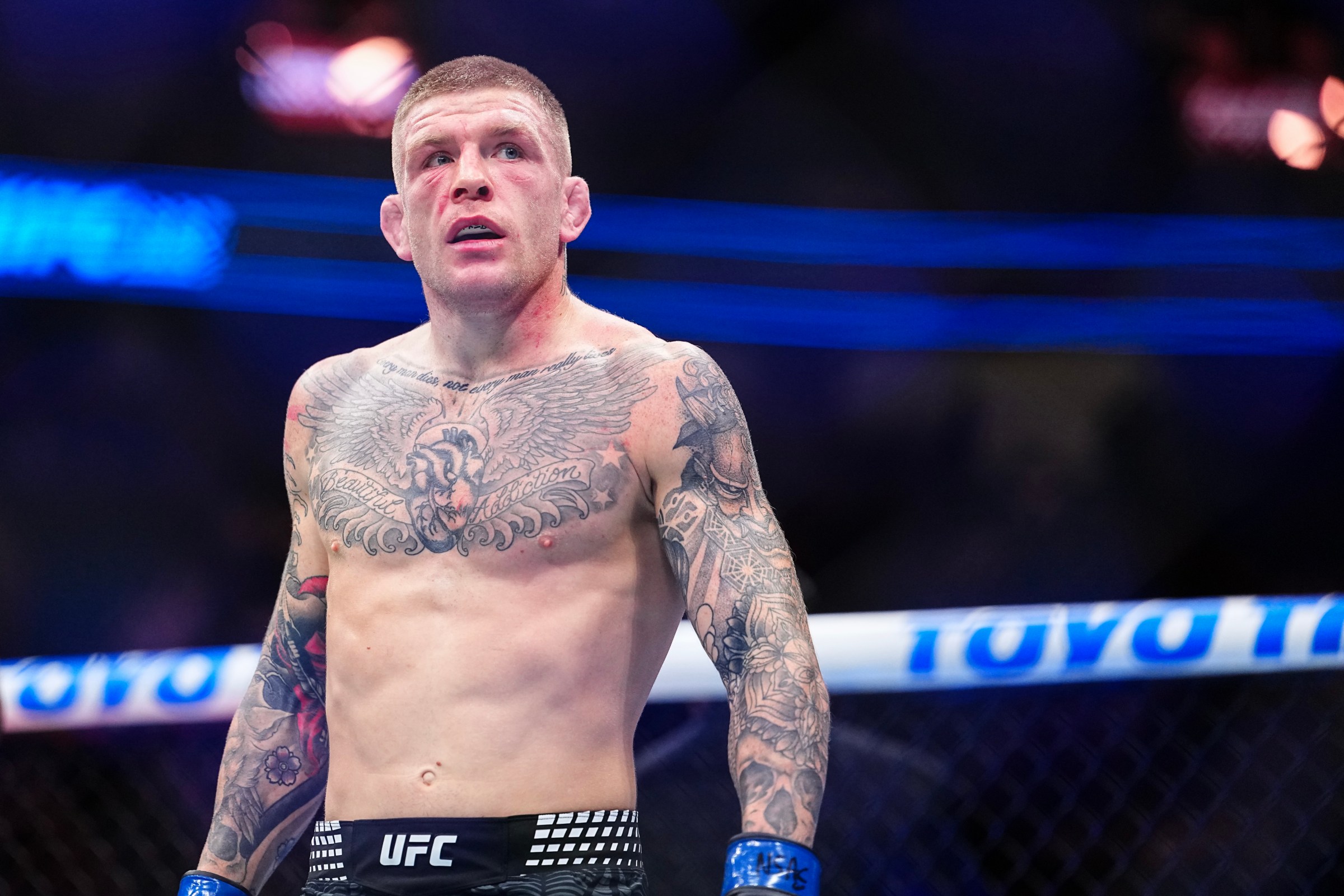LAS VEGAS, NEVADA - DECEMBER 06: Chris Duncan of Scotland reacts to his win in a lightweight fight during the UFC 323 event at T-Mobile Arena on December 06, 2025 in Las Vegas, Nevada. (Photo by Chris Unger/Zuffa LLC)