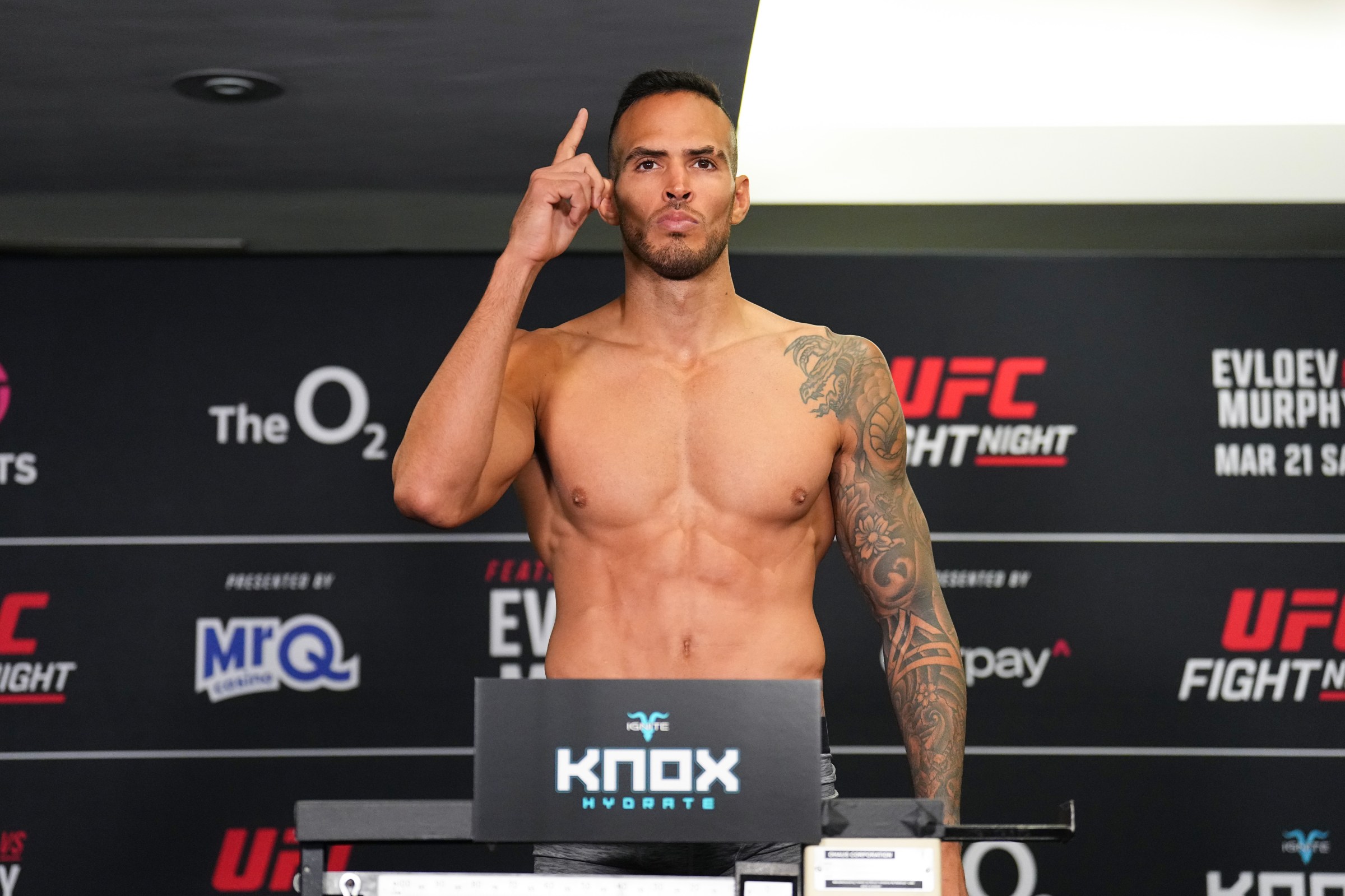 LONDON, ENGLAND - MARCH 20: Antonio Trocoli of Brazil poses on the scale during the UFC Fight Night official weigh-in at The Hilton London Canary Wharf on March 20, 2026 in London, England. (Photo by Chris Unger/Zuffa LLC)