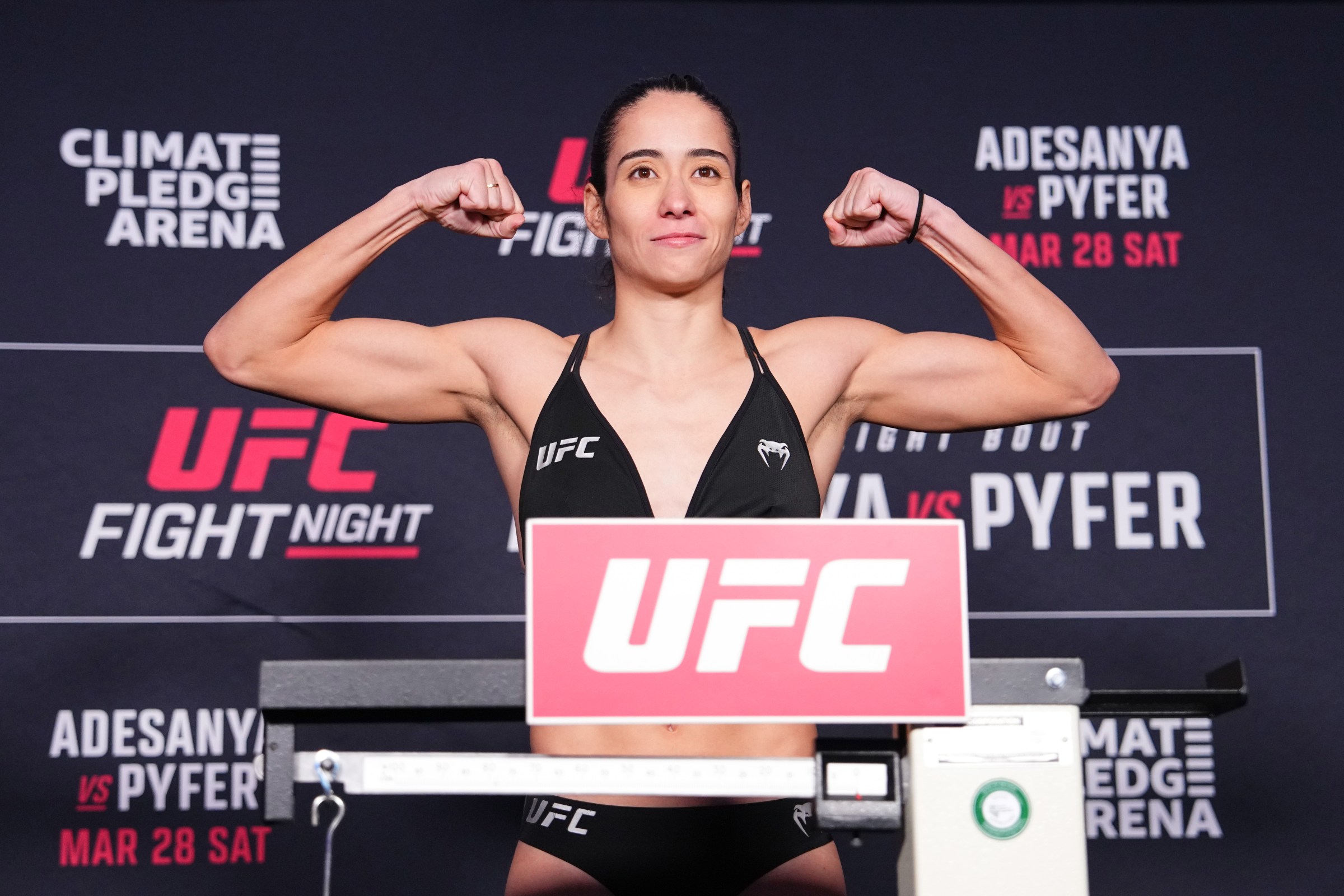 SEATTLE, WASHINGTON - MARCH 27: Bruna Brasil of Brazil poses on the scale during the UFC Fight Night official weigh-ins at Hyatt Regency Seattle on March 27, 2026 in Seattle, Washington. (Photo by Jeff Bottari/Zuffa LLC)