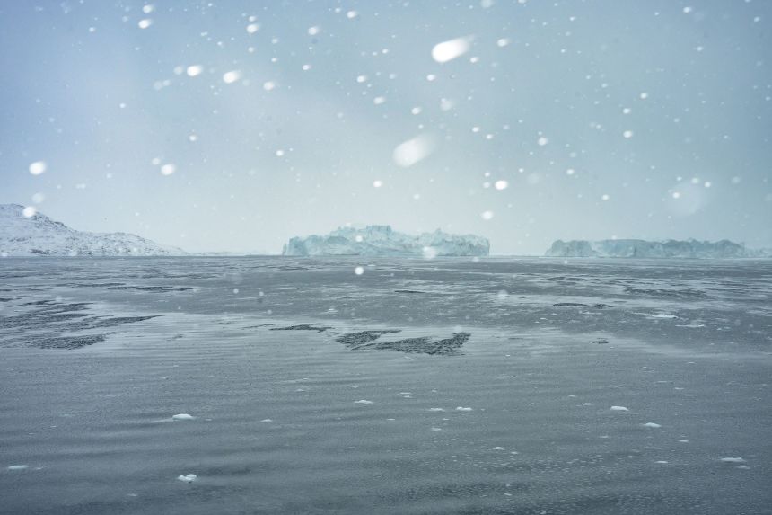 Disko Bay, Greenland, on March 15, 2026. Melting ice is disrupting the balance of salinity that drives the AMOC.
