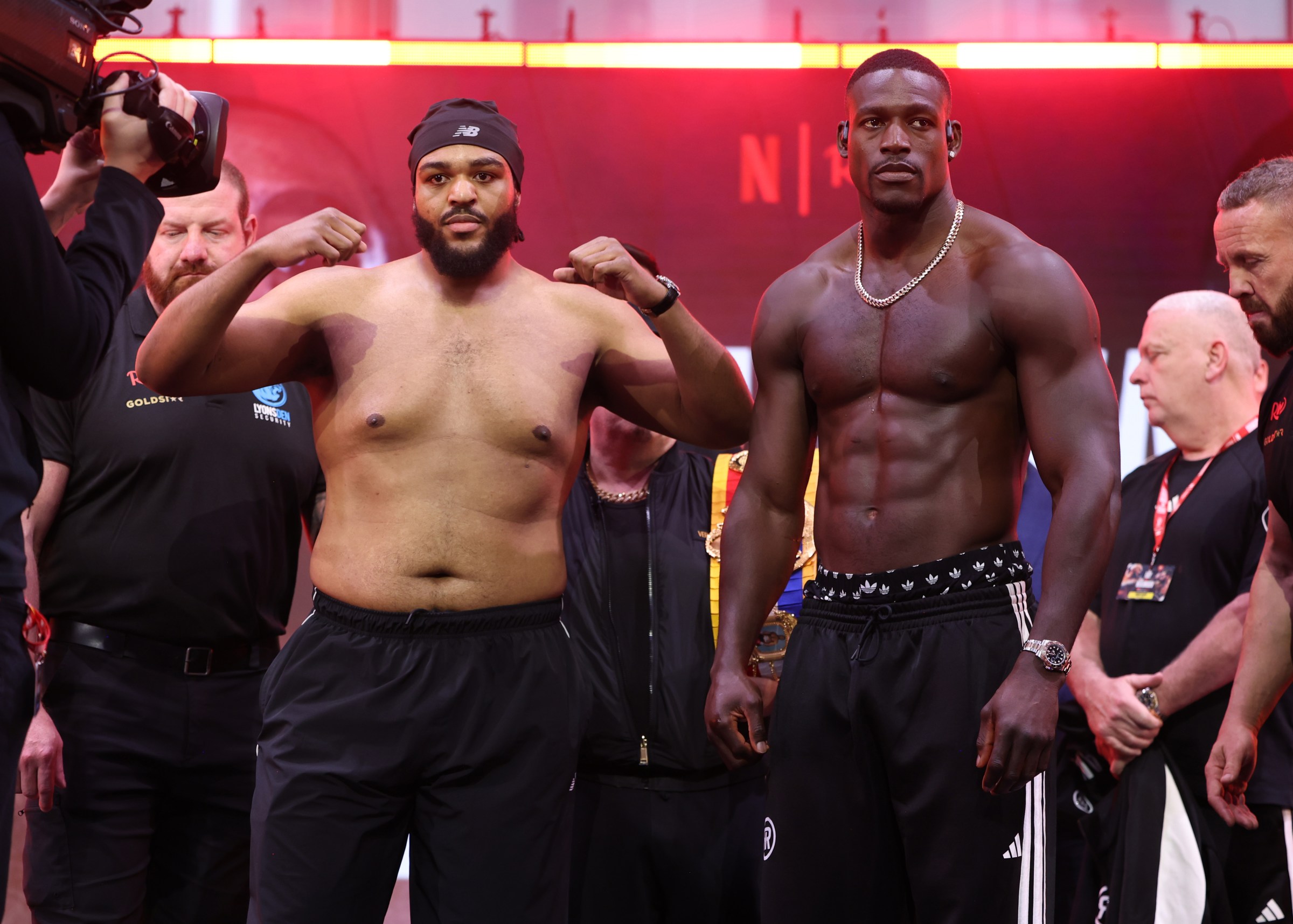 LONDON, ENGLAND - APRIL 10: Jeamie Tshikeva TKV (left) and Richard Riakporhe (right) Weigh In ahead of their British Heavyweight Title Fight tomorrow night, at The Pelligon on April 10, 2026 in London, England. (Photo by Mark Robinson/Getty Images)