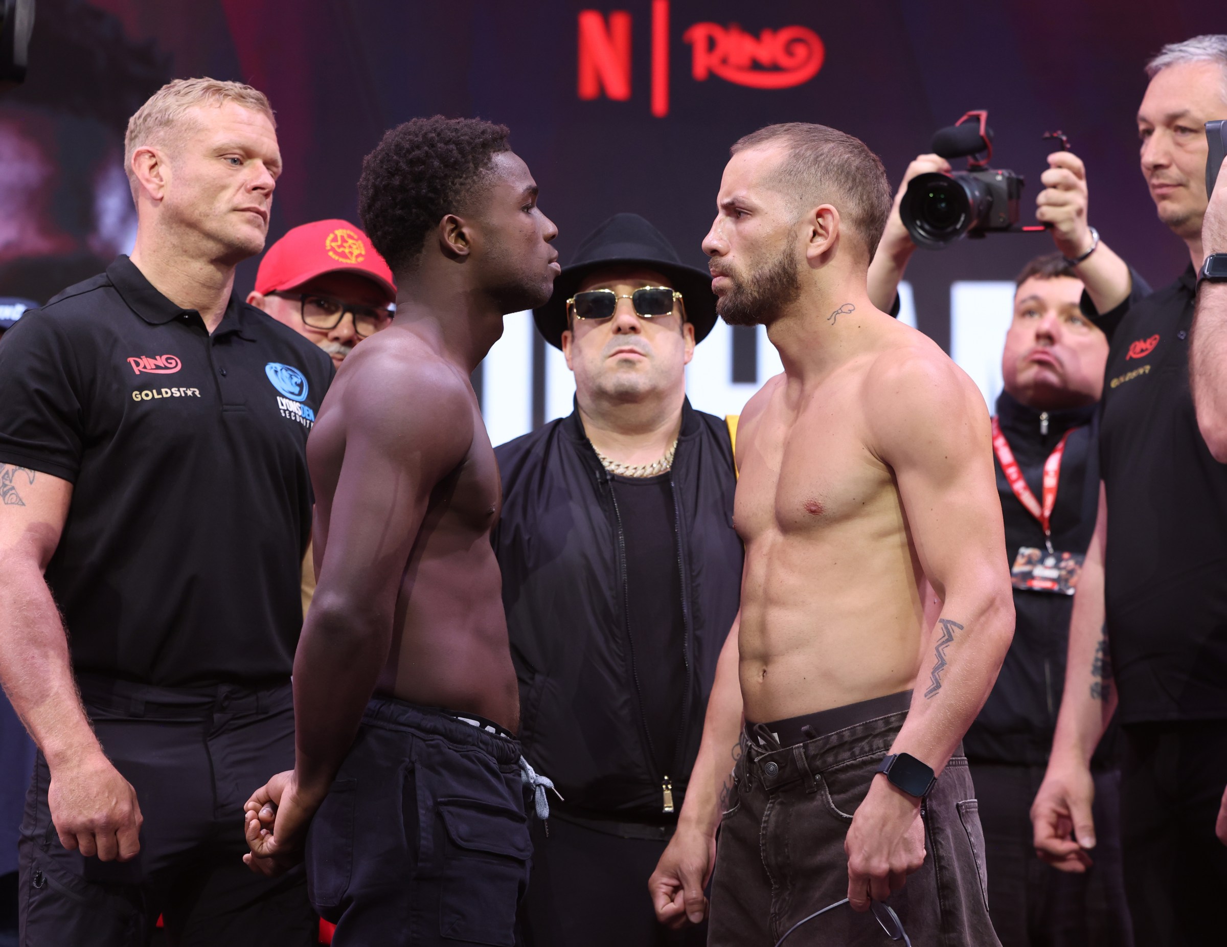 LONDON, ENGLAND - APRIL 10: Mikie Tallon (left) and Leandro Jose Blanc (right) Weigh In ahead of their Flyweight Contest Tomorrow night, at The Pelligon on April 10, 2026 in London, England. (Photo by Mark Robinson/Getty Images)