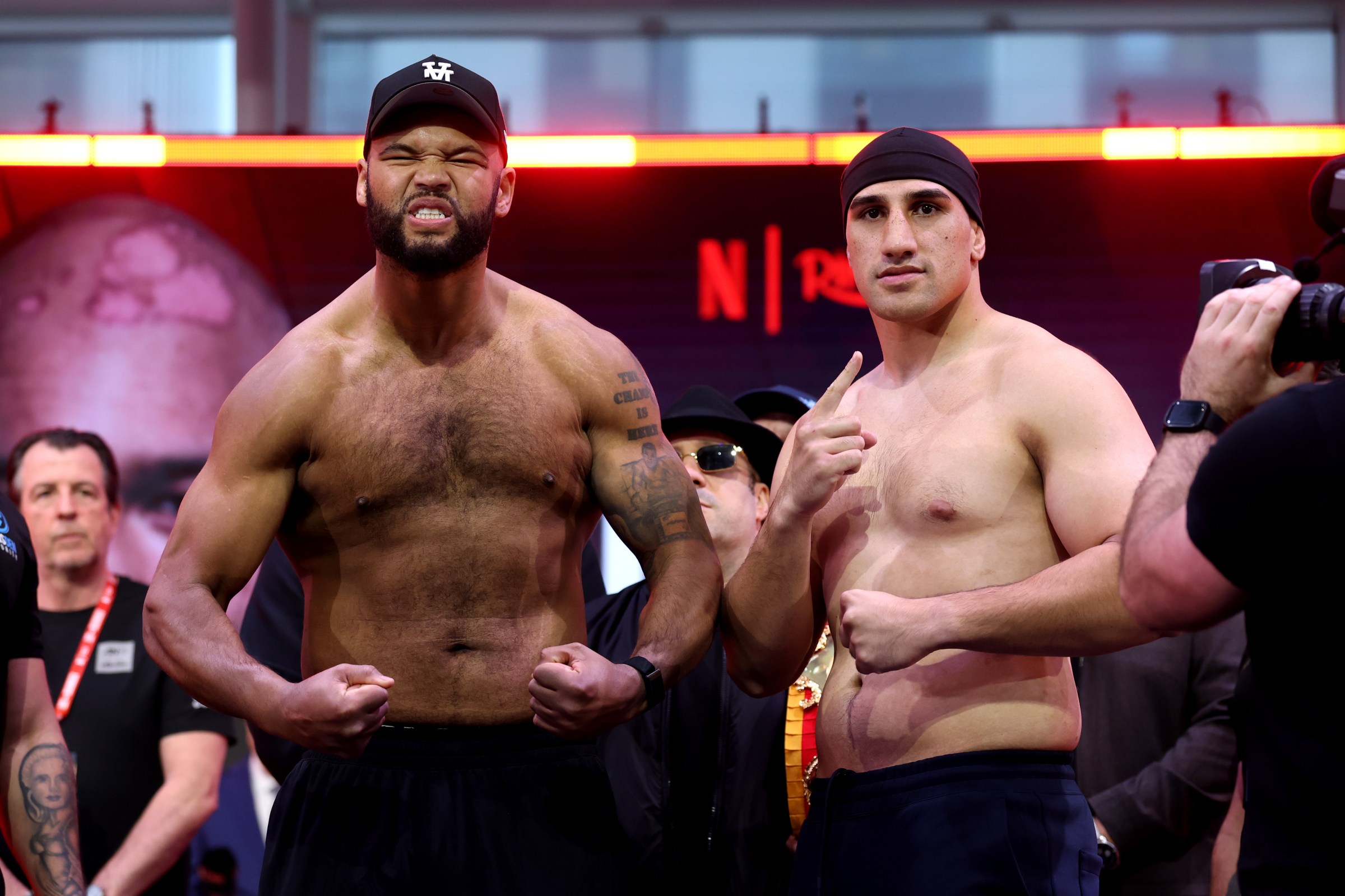 LONDON, ENGLAND - APRIL 10: Frazer Clarke and Justis Huni at the Tyson Fury v Arslanbek Makhmudov - Weigh In at The Pelligon on April 10, 2026 in London, England. (Photo by Richard Pelham/Getty Images for Netflix)