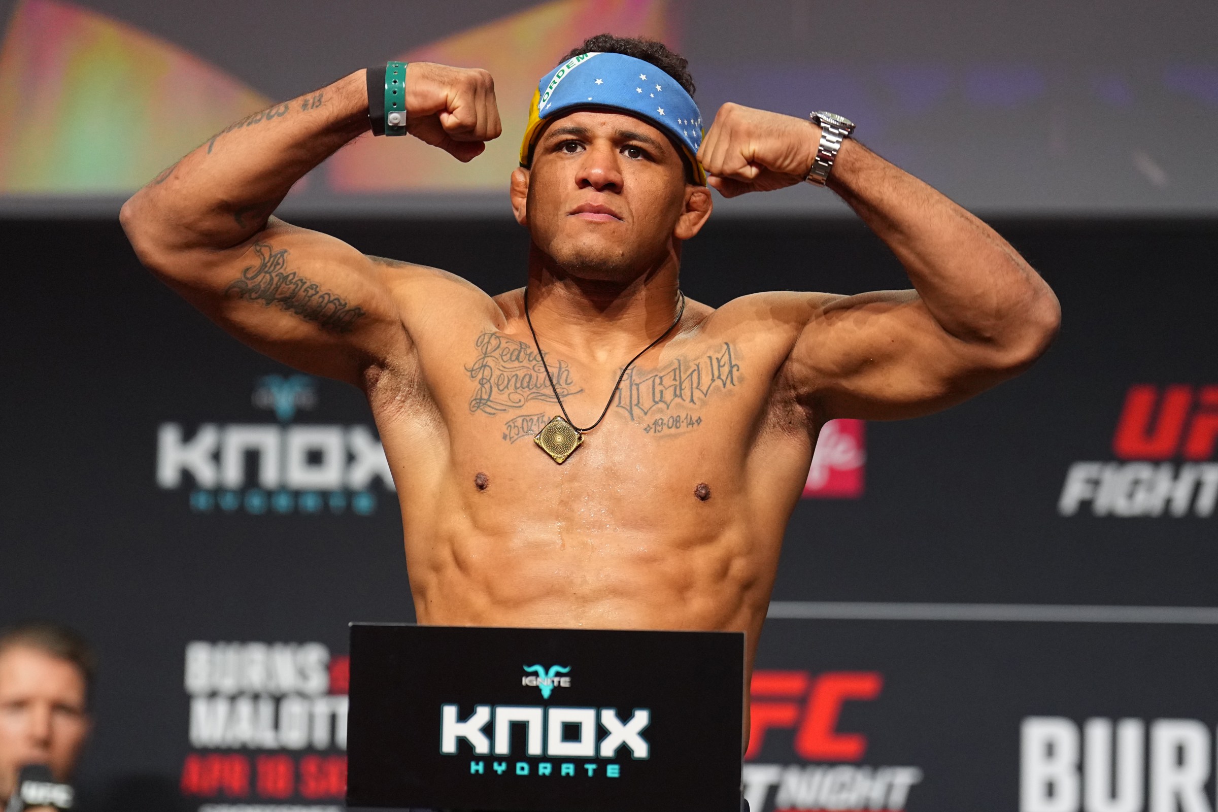 WINNIPEG, MANITOBA - APRIL 17: Gilbert Burns of Brazil poses on the scale during the UFC Fight Night ceremonial weigh-in at Canada Life Centre on April 17, 2026 in Winnipeg, Manitoba. (Photo by Chris Unger/Zuffa LLC)