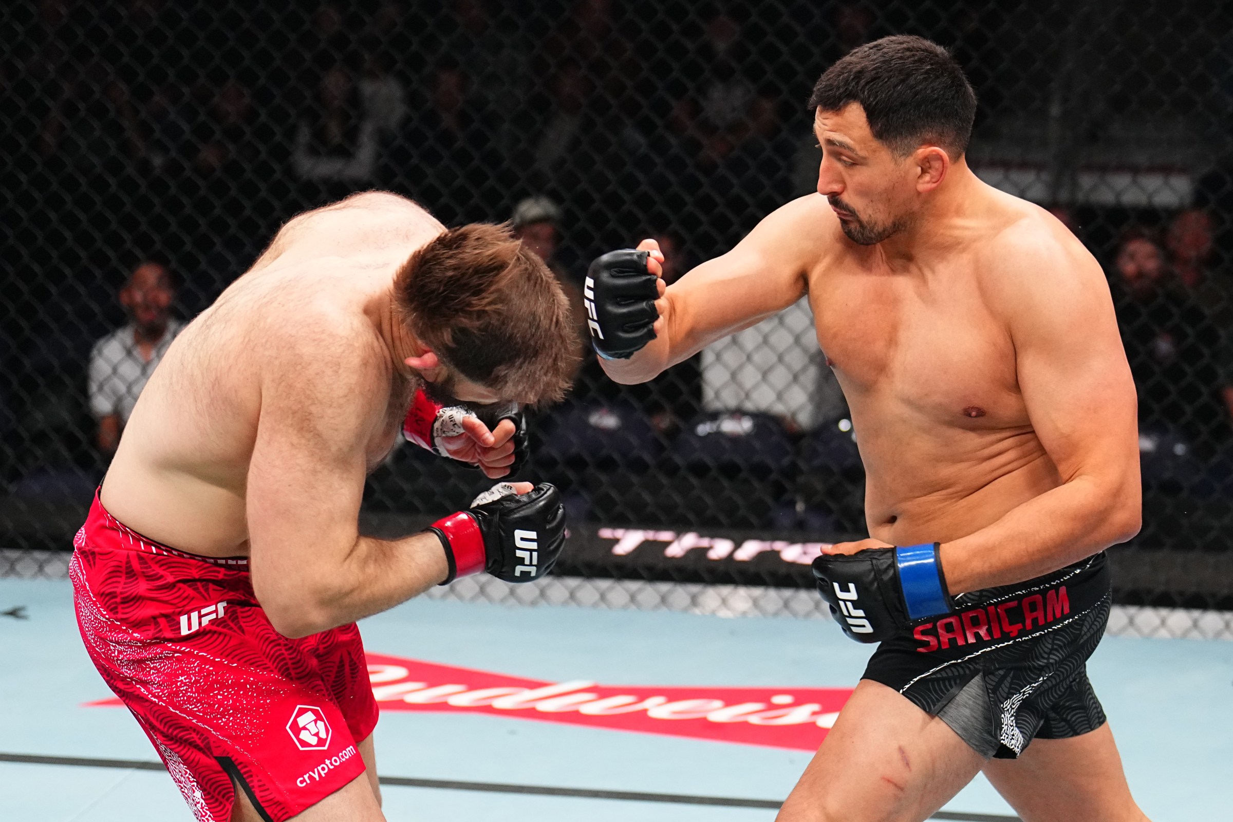 WINNIPEG, MANITOBA - APRIL 18: Gokhan Saricam of Belgium punches Tanner Boser of Canada in a heavyweight fight during the UFC Fight Night event at Canada Life Centre on April 18, 2026 in Winnipeg, Manitoba. (Photo by Chris Unger/Zuffa LLC)