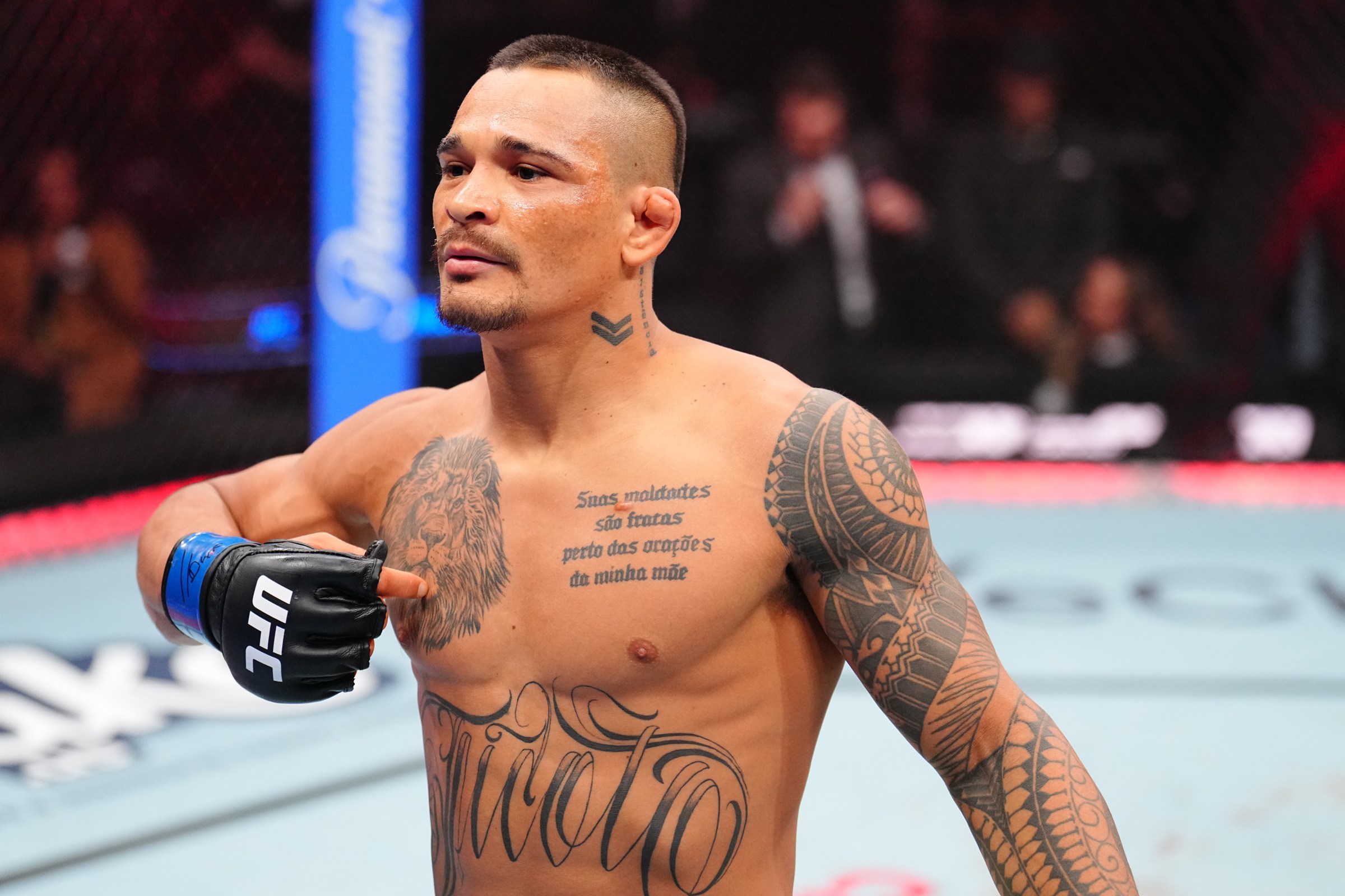 WINNIPEG, MANITOBA - APRIL 18: Marcio Barbosa of Brazil reacts after a knockout victory against Dennis Buzukja in a featherweight fight during the UFC Fight Night event at Canada Life Centre on April 18, 2026 in Winnipeg, Manitoba. (Photo by Chris Unger/Zuffa LLC)