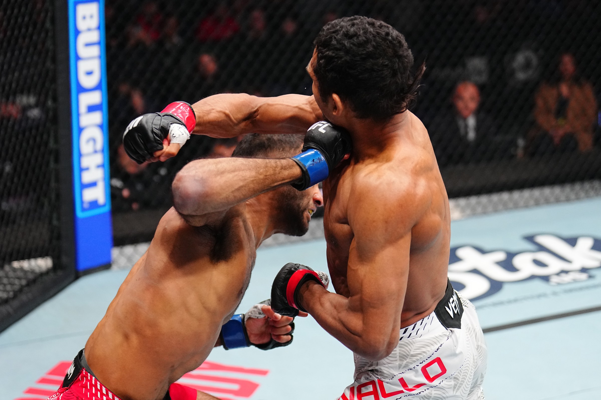 WINNIPEG, MANITOBA - APRIL 18: (L-R) Jai Herbert of England punches Mandel Nallo of Canada in a lightweight fight during the UFC Fight Night event at Canada Life Centre on April 18, 2026 in Winnipeg, Manitoba. (Photo by Chris Unger/Zuffa LLC)