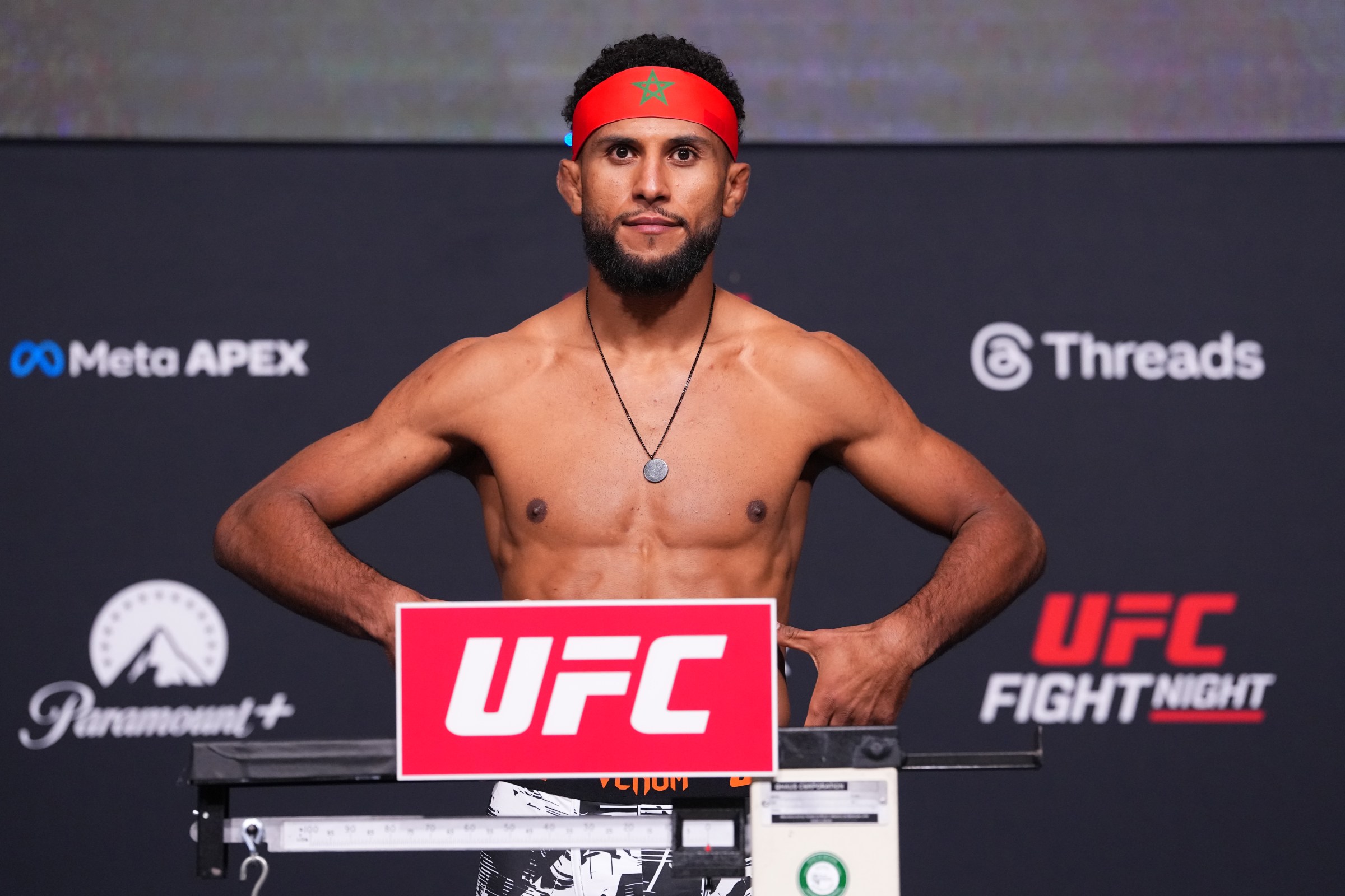 LAS VEGAS, NEVADA - APRIL 24: Youssef Zalal of Morocco poses on the scale during the UFC weigh-in at Meta APEX on April 24, 2026 in Las Vegas, Nevada. (Photo by Jeff Bottari/Zuffa LLC)