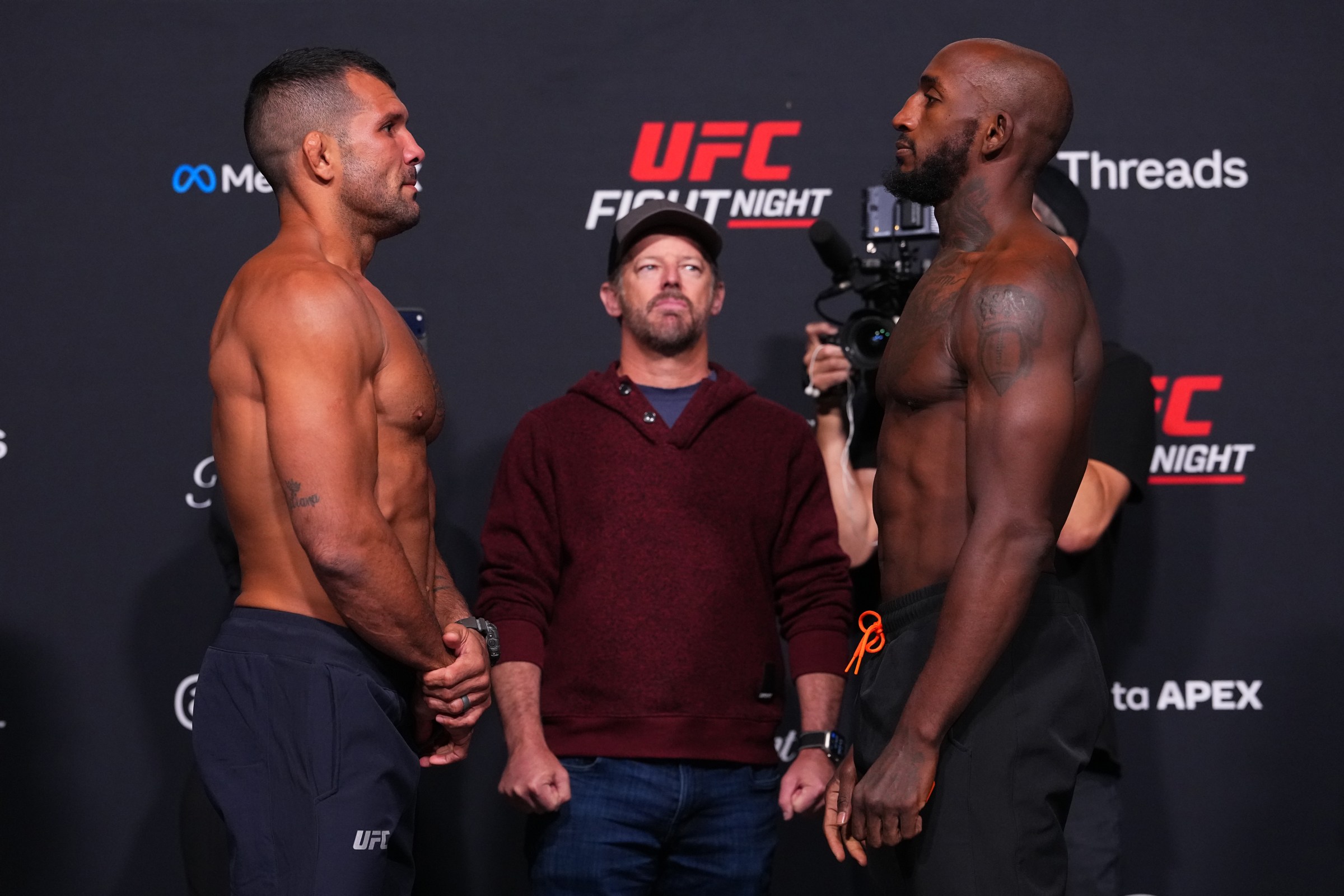 LAS VEGAS, NEVADA - APRIL 24: (L-R) Opponents Rodolfo Vieira of Brazil and Eric McConico face off during the UFC weigh-in at Meta APEX on April 24, 2026 in Las Vegas, Nevada. (Photo by Jeff Bottari/Zuffa LLC)