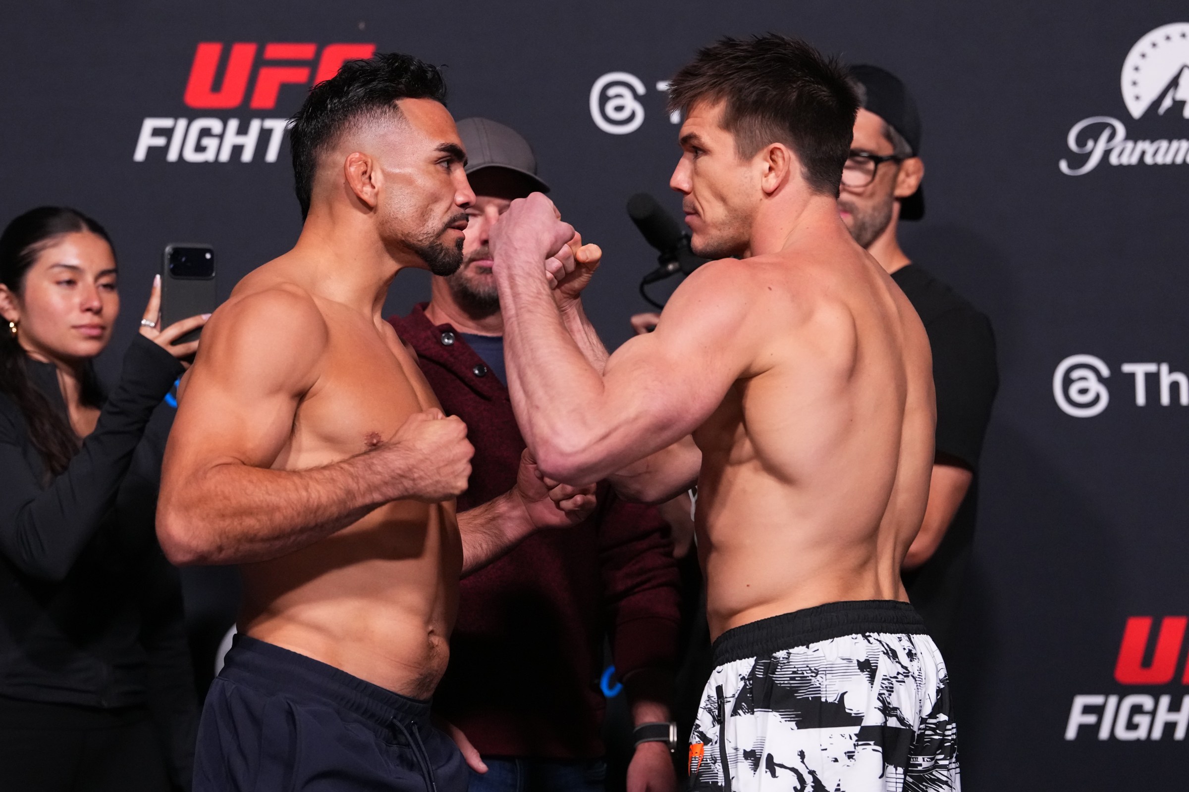 LAS VEGAS, NEVADA - APRIL 24: (L-R) Opponents Rafa Garcia and Alexander Hernandez face off during the UFC weigh-in at Meta APEX on April 24, 2026 in Las Vegas, Nevada. (Photo by Jeff Bottari/Zuffa LLC)