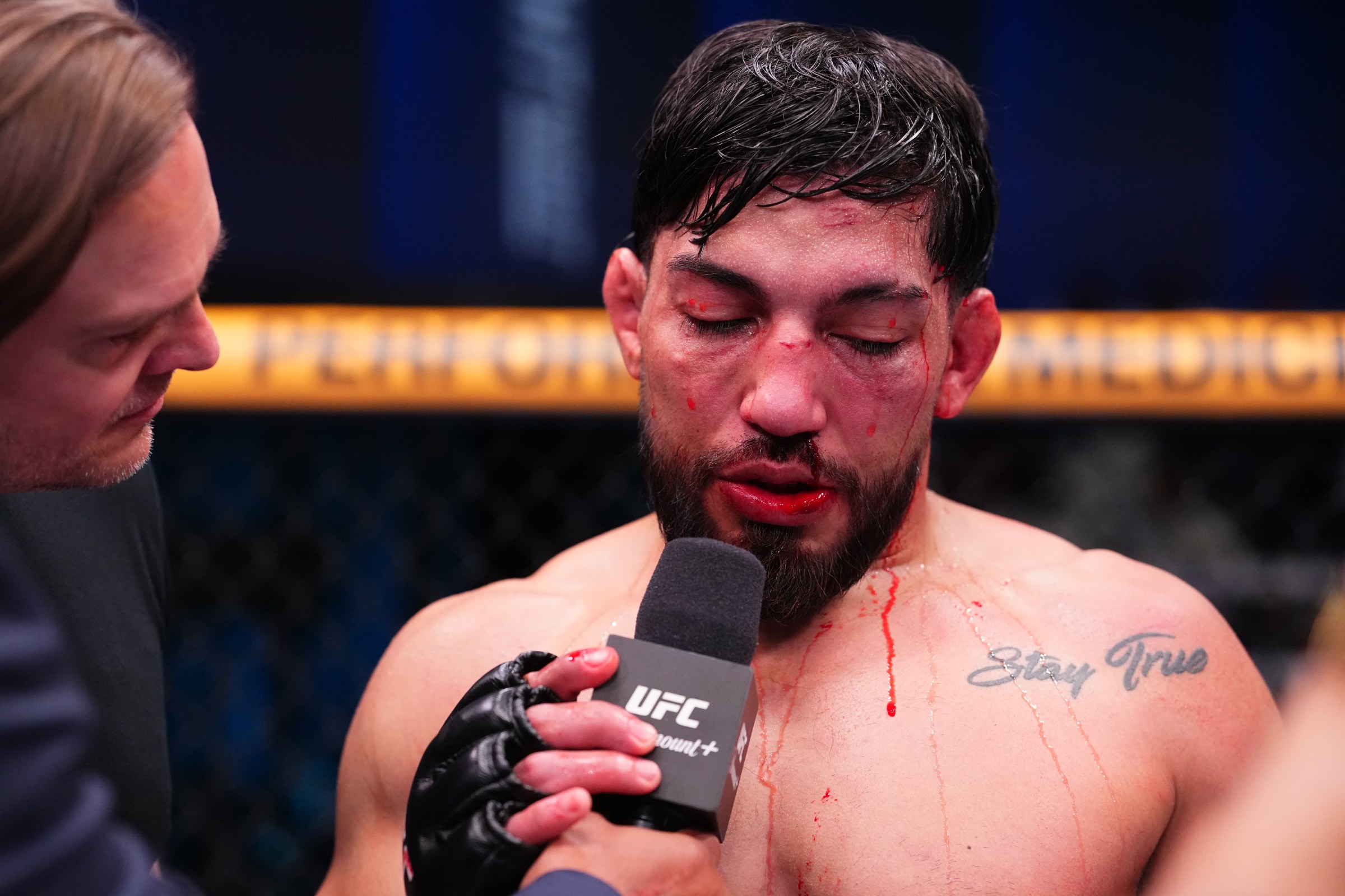 LAS VEGAS, NEVADA - APRIL 25: Victor Valenzuela of Chile reacts after a victory against Max Griffin in a welterweight fight during the UFC Fight Night event at Meta APEX on April 25, 2026 in Las Vegas, Nevada. (Photo by Jeff Bottari/Zuffa LLC)